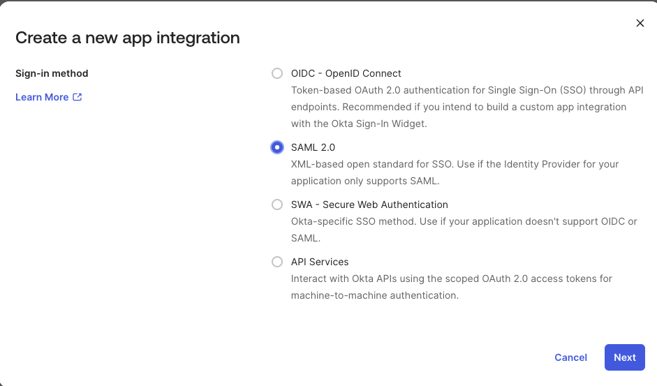 okta new app integration screen